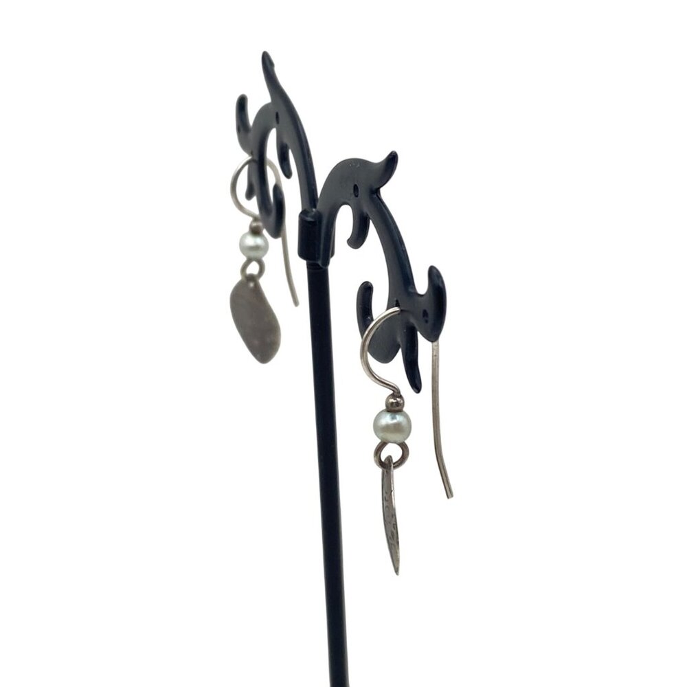 Tested Sterling Silver Earrings Freshwater Pearl Engraved Floral Boho Vtg Dangle - Picture 6 of 10
